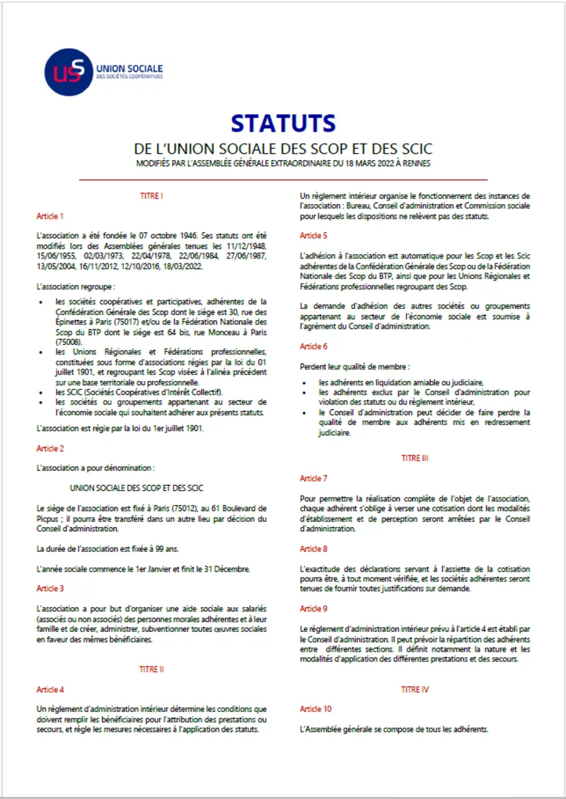 Statuts de l'Union Sociale des Scop et des Scic Statuts de l'Union Sociale des Scop et des Scic